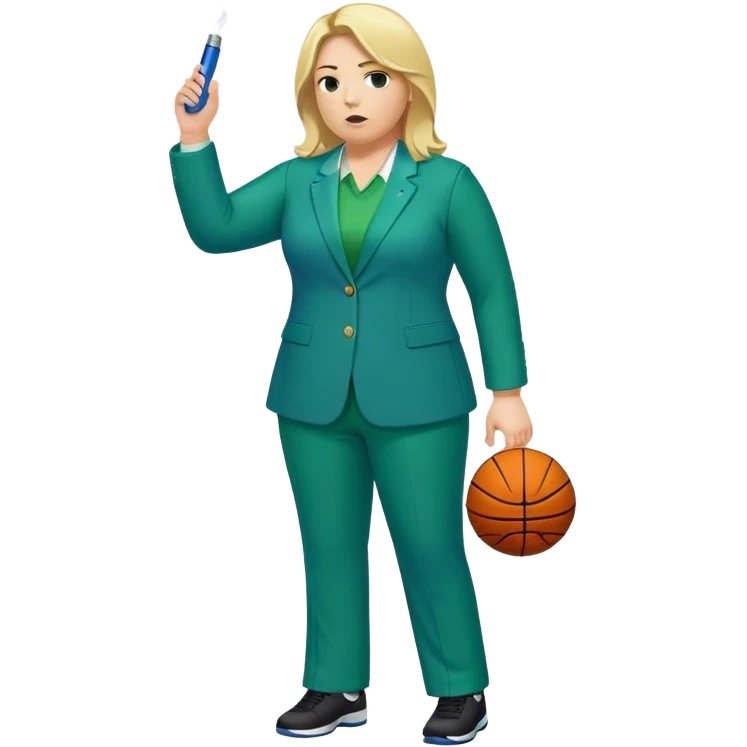 Full Body white plus size female basketball head coach with whistle  blonde hair shoulder length in a blue and green suit emoji