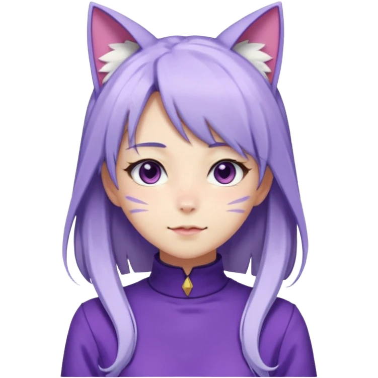 female anime character with long white and periwinkle hair and cat ears on her head. She is wearing a purple outfit with a high neckline and long sleeves.  emoji