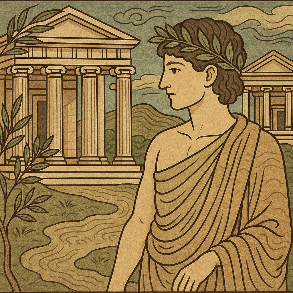 ancient Greece with marble columns, olive wreath, classic architecture in ukiyo-e style emoji