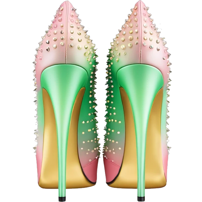 Hyper Realistic top front view of a pair of pastel pink,pastel green,and pastel yellow ombre gold studded pointed toe stiletto shoes.  emoji