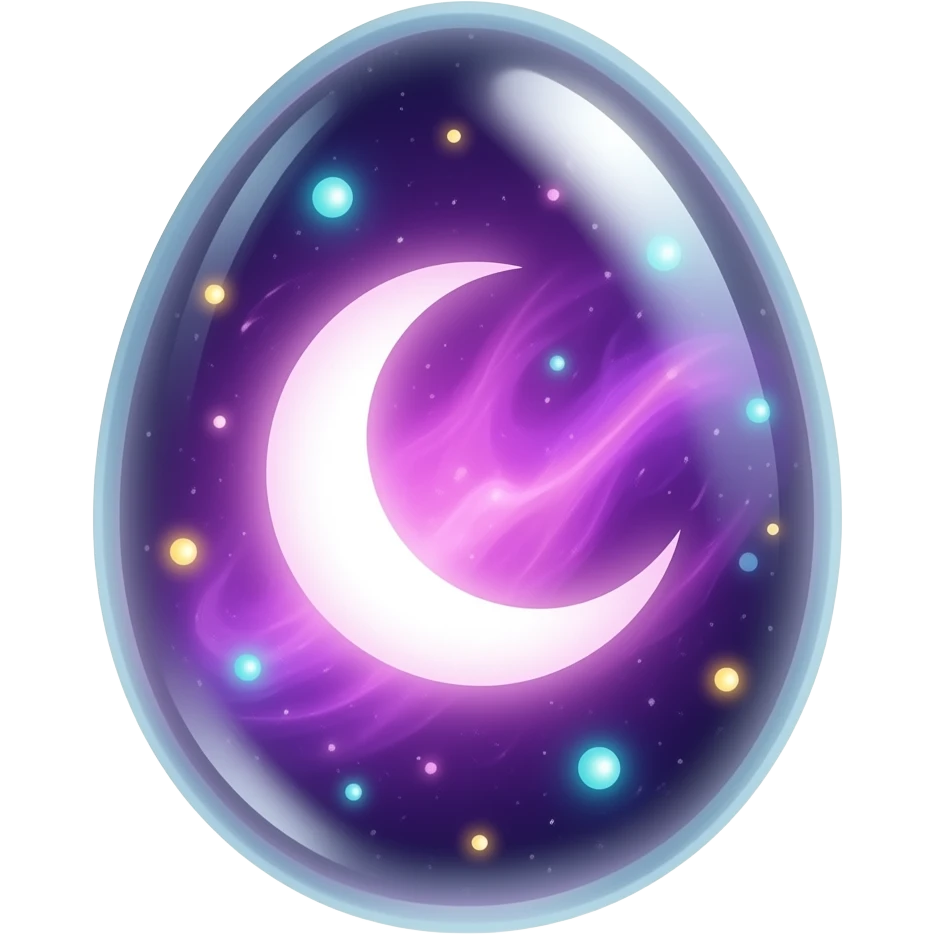 transparent glowing cosmic egg with no visible shell, fully see‑through, containing a swirling purple‑pink nebula and a luminous crecent moon, floating multicolored light orbs inside, isolated object, transparent background emoji