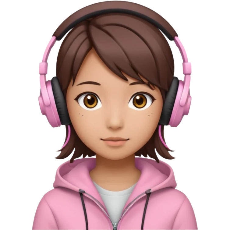a japanese girl with brown layered cut hair. she has dark brown eyes, and has a cute super light pink gaming headphones emoji