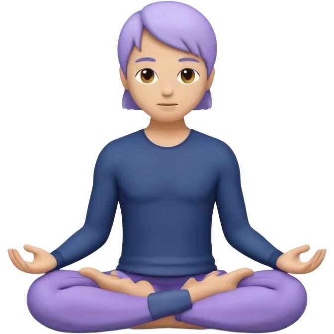 Modern premium 3D emoji icon: faceless gender-neutral meditator sitting cross-legged, smooth rounded shapes, matte + subtle gloss, top-left studio light, soft shadow, faint halo aura, navy outfit with lavender accent, centered, transparent background, no text emoji