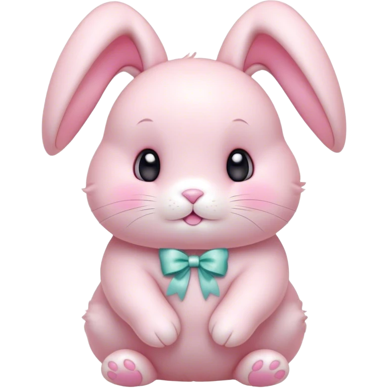 Cinematic adorable pastel pink bunny, chubby cheeks, tiny paws, sparkling round eyes, soft fur with a gentle glow, slightly tilted head, wearing a tiny bow, irresistibly cute and heartwarming. emoji
