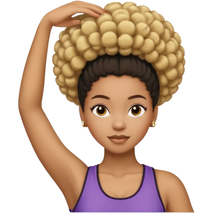 light-skinned Black girl stretching, half-blonde and half-dark brown afro puff hairstyle emoji