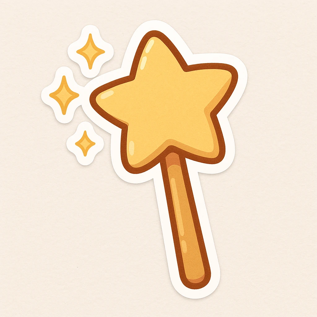 cartoon-style magic wand with a golden star at the tip, sparkling, chibi stickers style emoji