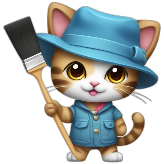 Kawaii cat artist in hat holding palette and brush so it can be used as a mouse cursor emoji