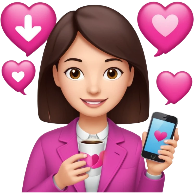 Social media manager. She has dark brown hair, brown eyes, a friendly smile. She is holding a smartphone and a coffee cup. Include subtle marketing elements like small icons of hashtags or a speech bubble with a heart. Use vibrant colors with a focus on pink and fuchsia tones. emoji