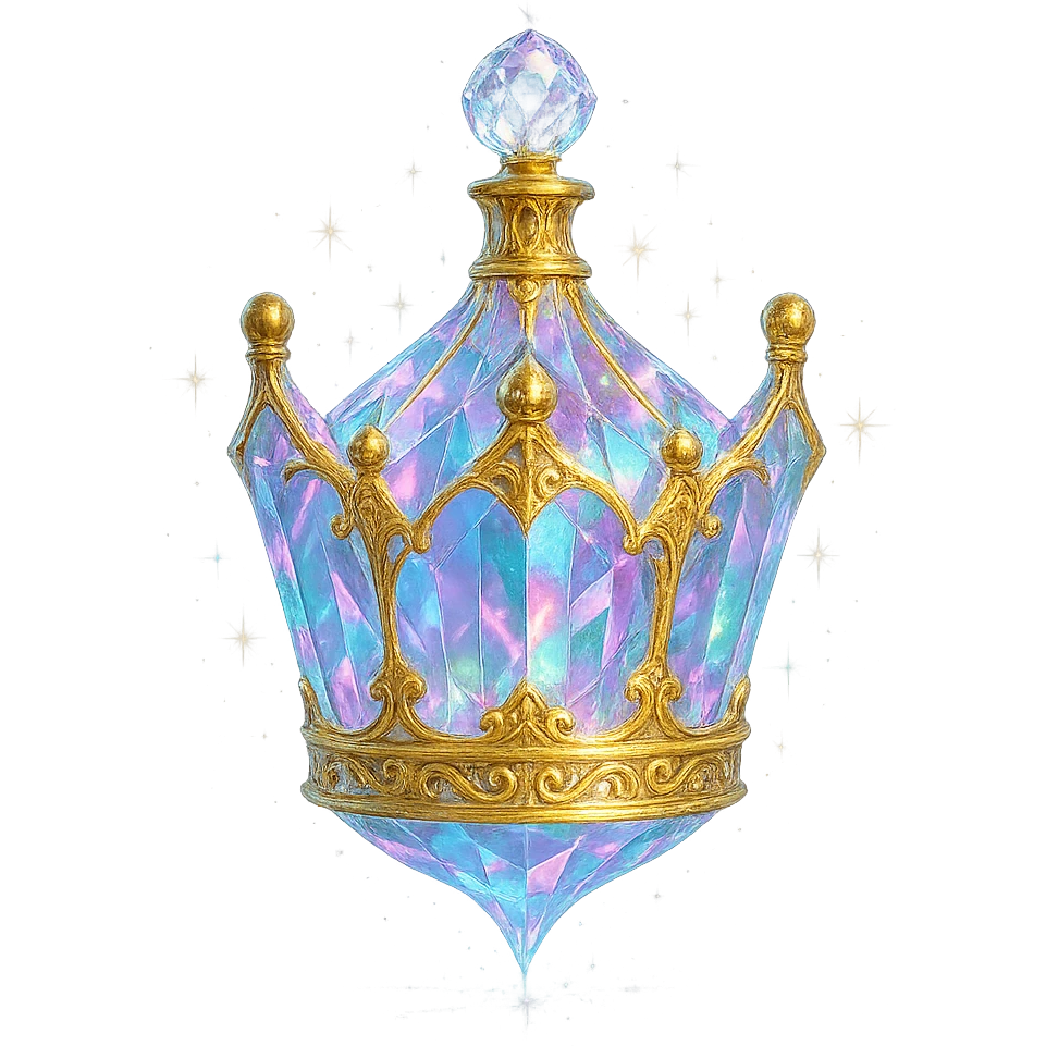 luxurious crystal elixir bottle shaped like a crown, pastel gradient, lots of glowing highlights, facets, ornaments, golden details, magical effects, very small golden neck, transparent background, beautiful merging base, clearly floating in air, no base or shadow, premium class impression, interesting design, fits crystal, luxurious, magical bottle collection emoji