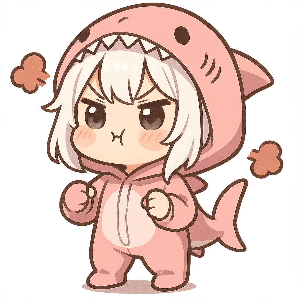 adorable white-haired girl in a pink shark onesie, cheeks puffed in cute anger, chibi style emoji
