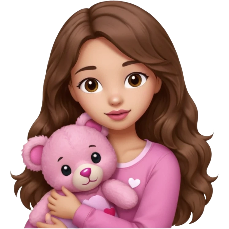 girl with long wavy brown hair, brown eyes, light to medium complexion, in a pink shirt, pink lips, long lashes, hugging squeezing  a teddy bear with hearts emoji