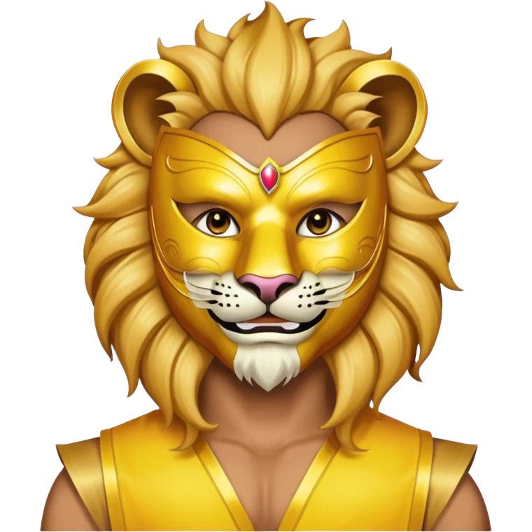 a man, with a Yellow vest,  wear half-face golden Lion masquerade mask emoji