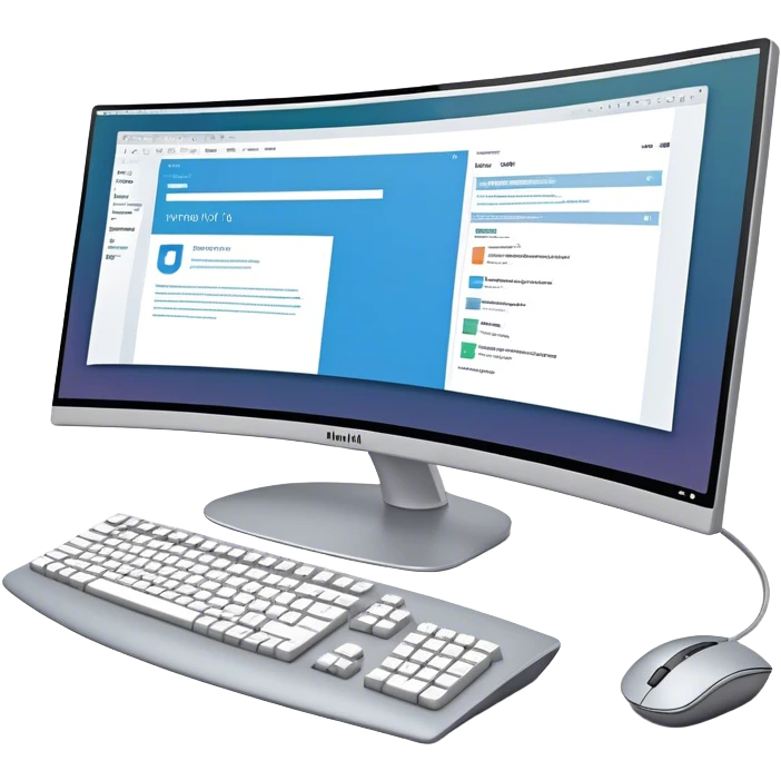 Create an emoji for UX/UI design. Show  large curved monitor displaying windows with UX/UI design HTML program interface. Include a mouse, keyboard, and stylus next to the screens. Use modern, professional colors. Do not include any emojis or smiley faces. Make the background transparent. emoji
