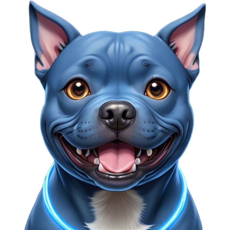 Cinematic Comical Blue Staffordshire Bull Terrier Portrait Emoji, Head tilted dramatically with an exaggeratedly amused expression, featuring a striking blue Fur with a subtle shimmer, wide, expressive dark eyes filled with playful disbelief, Simplified yet hilariously expressive features, highly detailed, glowing with a slightly sassy glow, high shine, dramatic yet playful, stylized with an air of cheeky mischief, bright and endearing, soft glowing outline, capturing the essence of a spirited and over-the-top guardian, so meme-worthy it feels like it could side-eye its way into internet fame instantly! emoji