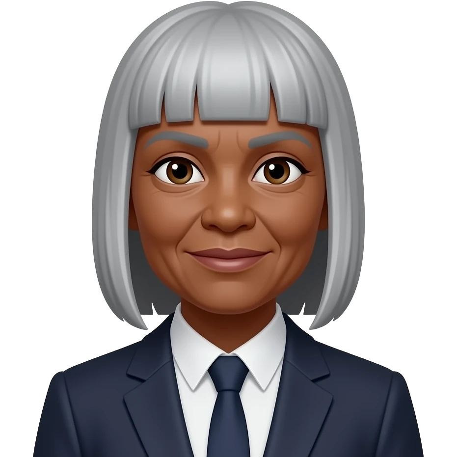 dark skinned female 80 years old with straight shoulder length grey hair with a fringe using suit. remove  dot on forehead emoji