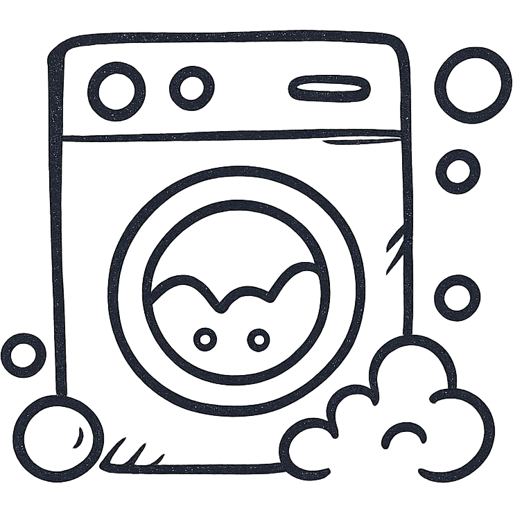 washing machine with detergent bubbles, hand drawn black outline icon, no fill emoji