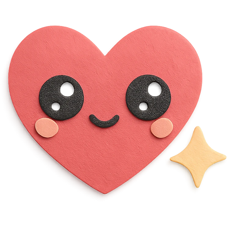 kawaii soft red heart with big shiny eyes and pastel sparkle, no arms, no legs, full body, soft pastel kawaii paper craft style emoji