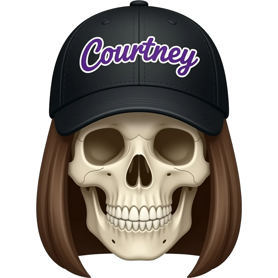 A skeleton head wearing a black baseball cap that says "Courtney" with purple lettering and white bordering, with long straight brown hair emoji