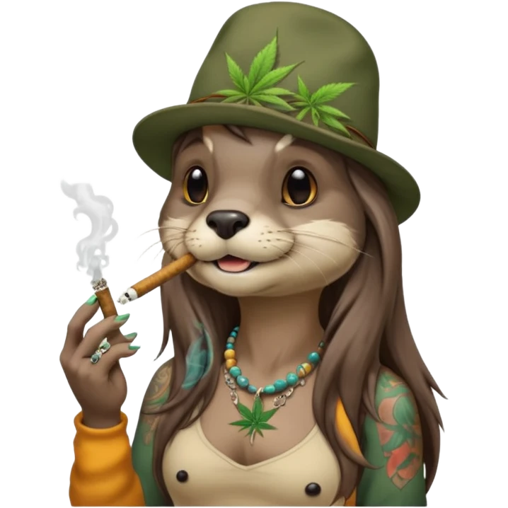 a female otter with long hair smoking a joint surrounded by marijuana fumes. a bit california hippy vibe, with tattoos and piercing emoji