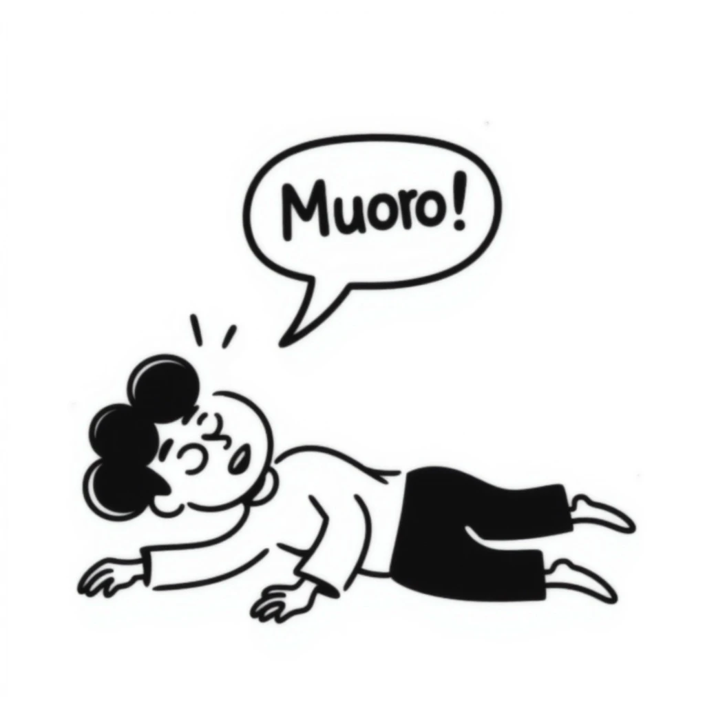 stylized dying little man with the word 'muoro', black doodle style, hand drawn, humorous emoji
