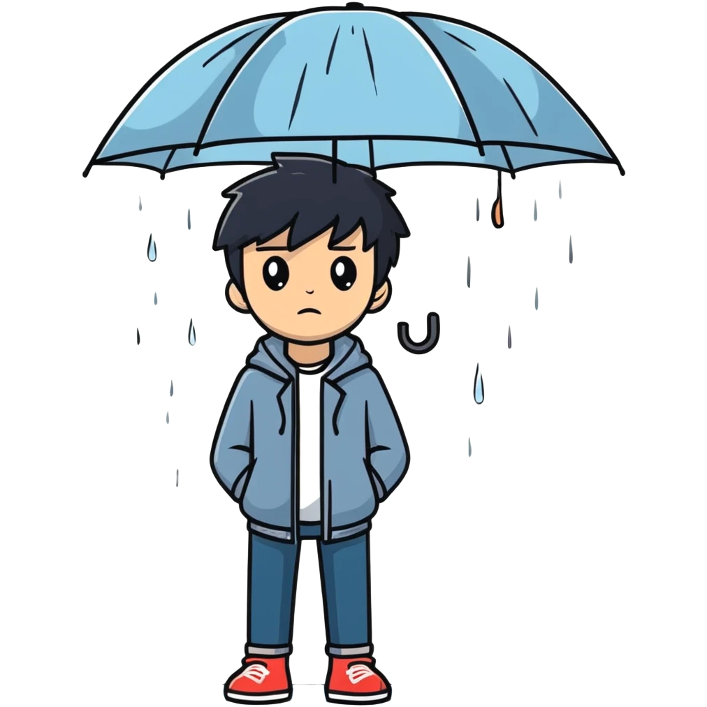 Anime-style teenage boy with dark hair standing in the rain, looking melancholic emoji