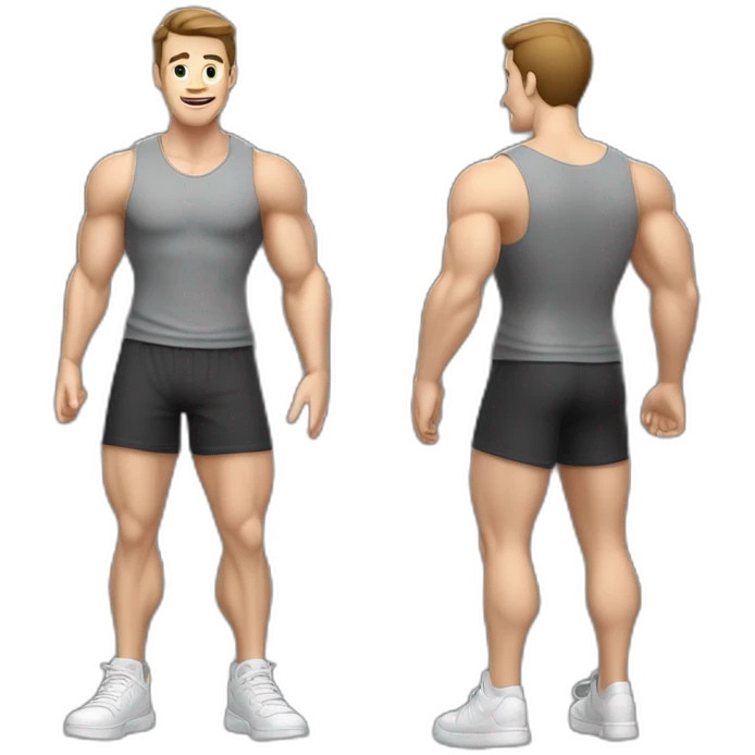 Full height realistic Actively gesturing with hands Pale skinned Fit Man With the biceps and brown hair in dark gray Sleeveless Mike, black oversize sports shorts, watch and white Sneakers emoji