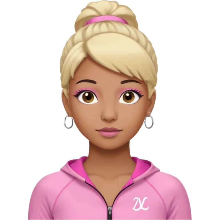 crée moi une jeune adulte brownskin au yeux brider marron foncer et une perruque blonde avec des baby hairs , un ensemble lululemone rose percing au nez et les oreilles remplis un petit full face de londonniennes des gros faux cils bien charger  emoji