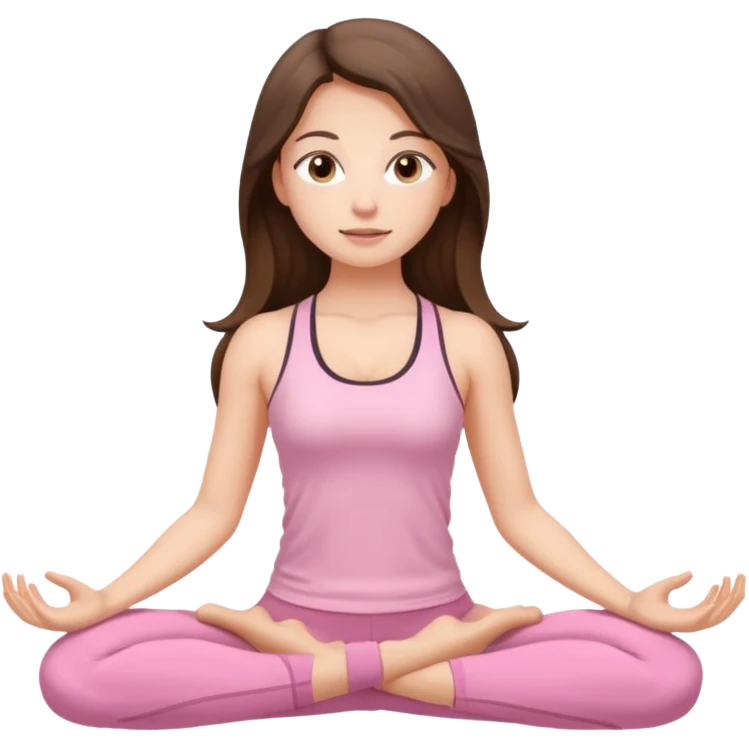 brunette girl with long hair and light brown eyes practicing yoga dressed in light pink emoji