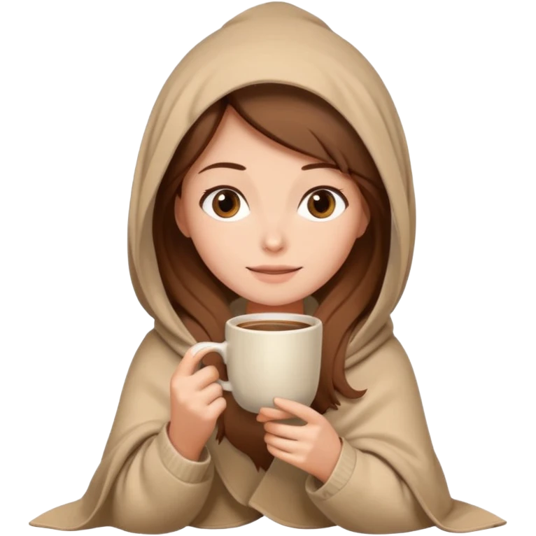 brown hair woman sitting under beige blanket, with a blanket over his head, holding cup of coffee, autumn mood emoji