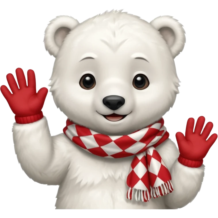 baby Polar Bear, smiling, hi five, wearing red Checkered Triangle scarf emoji