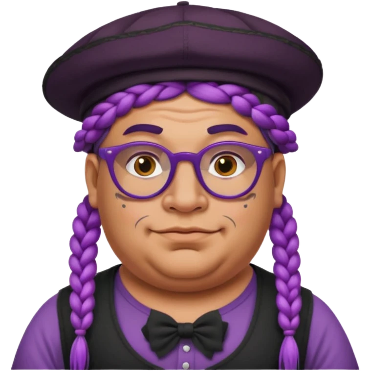 very tattoed face, normal glassess, fat venice gondolier with iconic hat and purple thick braided hair emoji
