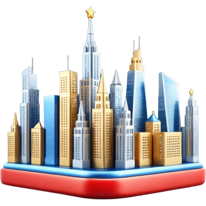 3D emoji of Moscow City business district skyline. A cluster of stylized skyscrapers with different shapes (gold, blue, silver). Decorated with tiny glowing Christmas lights. Soft 3D render, clay and glass textures, Apple aesthetic, isolated on a white background. emoji