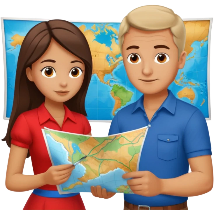 Russian man and elegant turkish girl in cute outfits with a map planning plants emoji