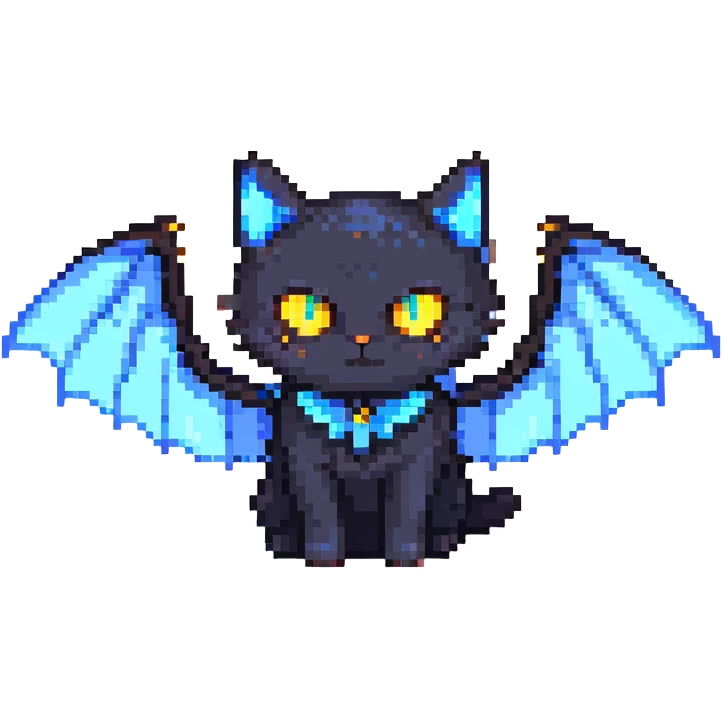 black cat with blue bat wings and glowing yellow eyes emoji
