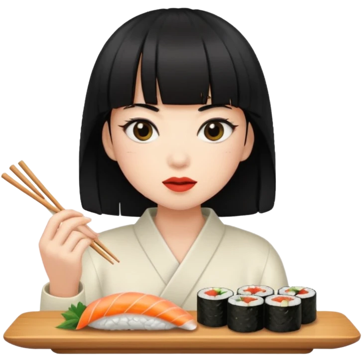 Person with black hair and bangs eating sushi emoji