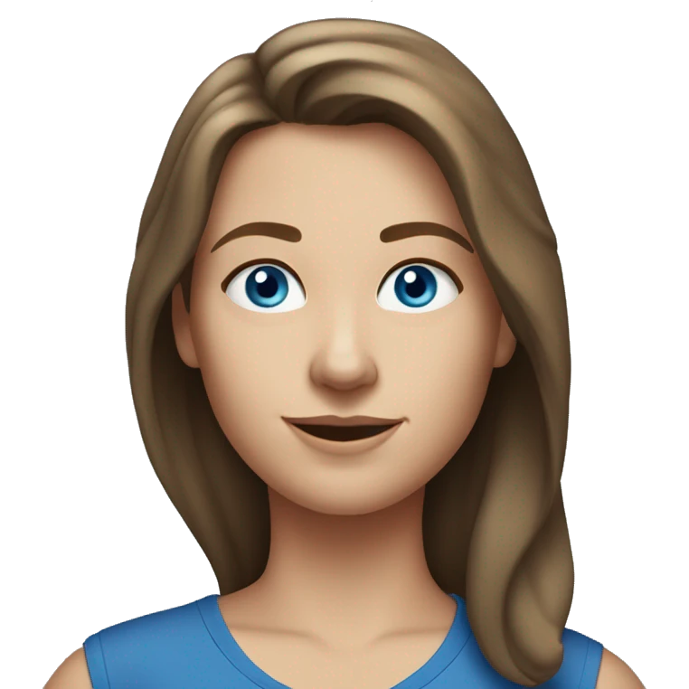A head and shoulders shot of a 32 year old white woman, with long brown hair,   with blue eyes wearing a t-shirt. emoji
