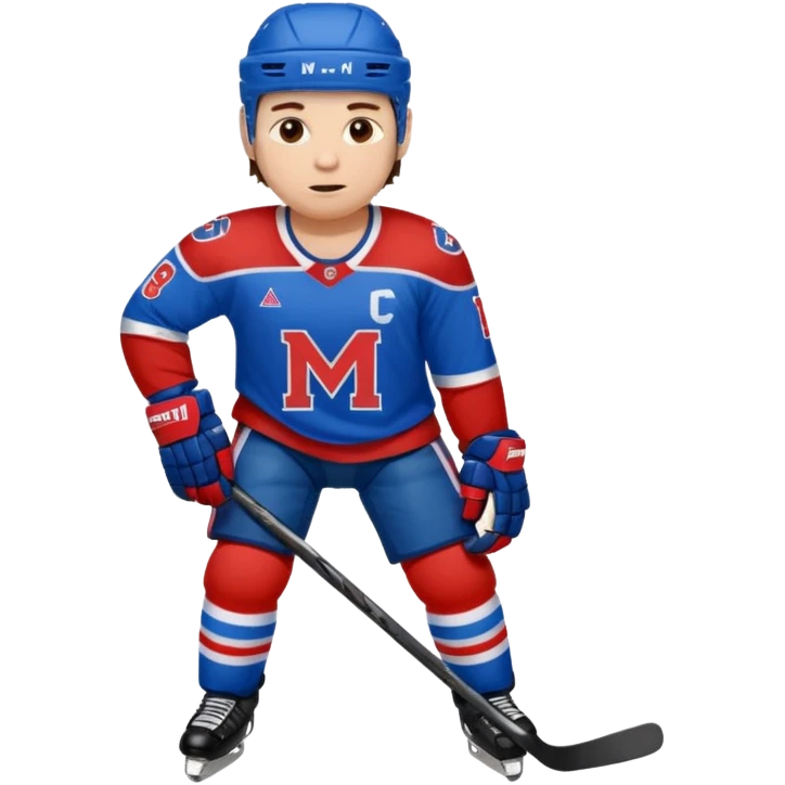 Hockey player in blue and red full body M on jersey emoji