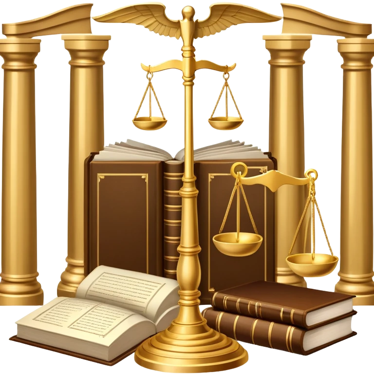 An icon featuring scales of justice, a gavel, and a legal book, symbolizing the study of law. The design includes courthouse pillars in the background, representing authority and legal systems. Transparent background highlights the principles of justice, order, and legal education. emoji