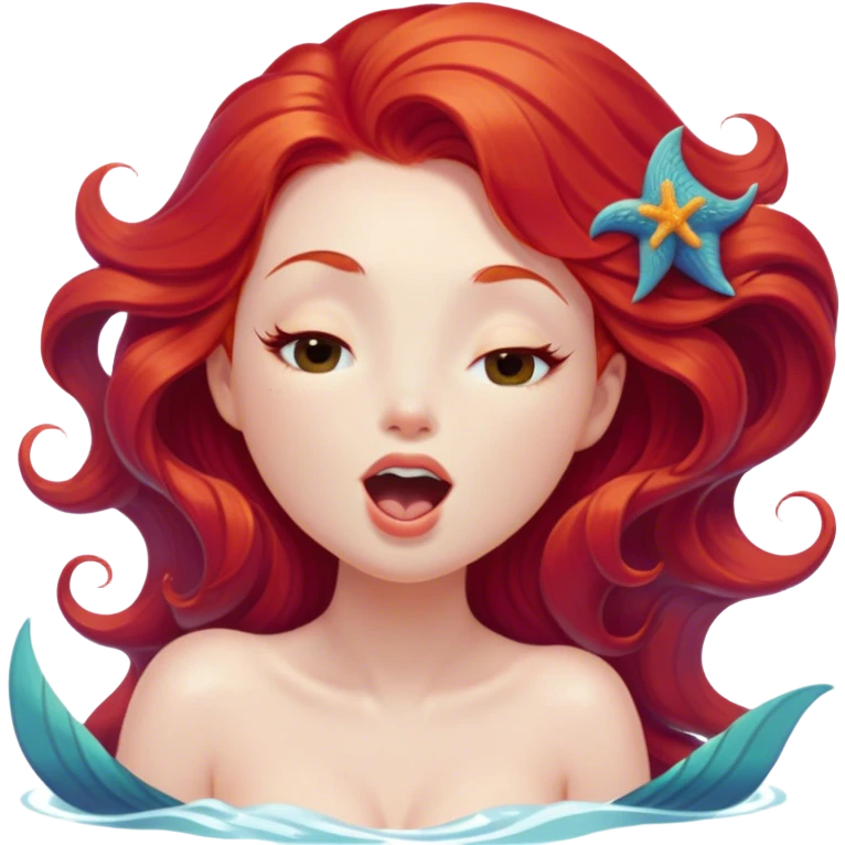 Cinematic Realistic Red Hair Mermaid Portrait, head tilted slightly with a dramatic, wide-open yawn, revealing a tender, relaxed visage with delicately detailed porcelain skin and vibrant, cascading red hair softly billowing around her. Her dreamy eyes exude a serene, aquatic charm, rendered with gentle underwater lighting and high shine—capturing the essence of a drowsy yet mesmerizing mermaid drifting into a tranquil slumber beneath the sea. emoji