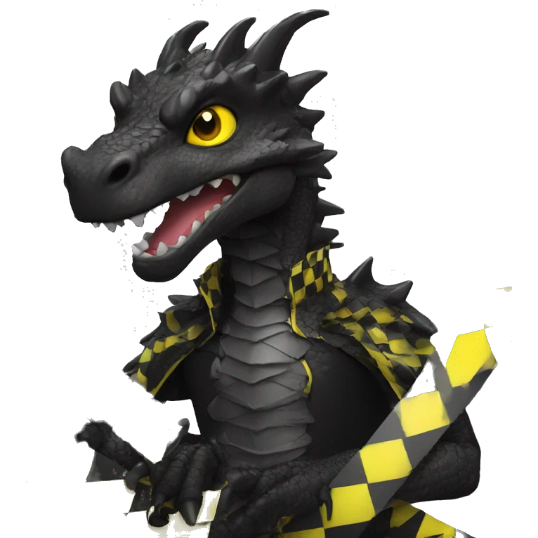 Black dragon dressed in punk clothes with chequer black and white markings and yellow caution tape  emoji