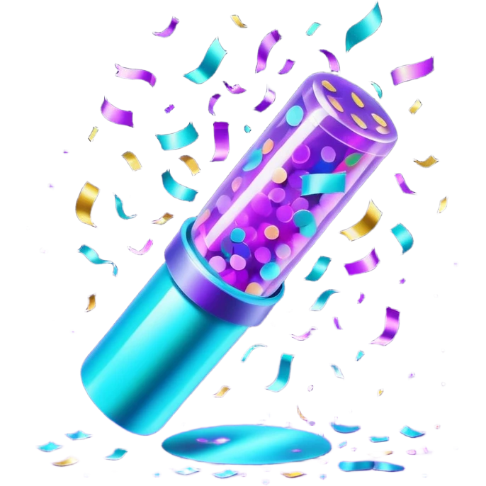 Futuristic glowing confetti popper emoji, holographic purple and cyan colors, emitting confetti and sparkles, dark background, vibrant celebration atmosphere, no face. emoji