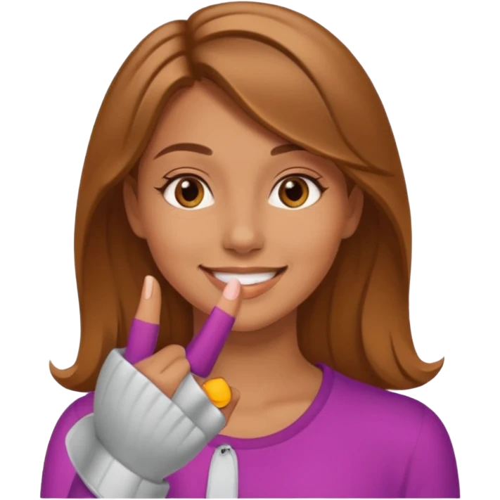 create an emoji of a young woman, tanned face, smile. she is doing a cash with her finger on her mouth to signalise us to stay quiet. emoji