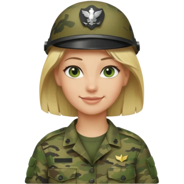 Apple-style emoji: female soldier, bust, no cap/helmet, friendly smile, generic camo top, blonde hair emoji