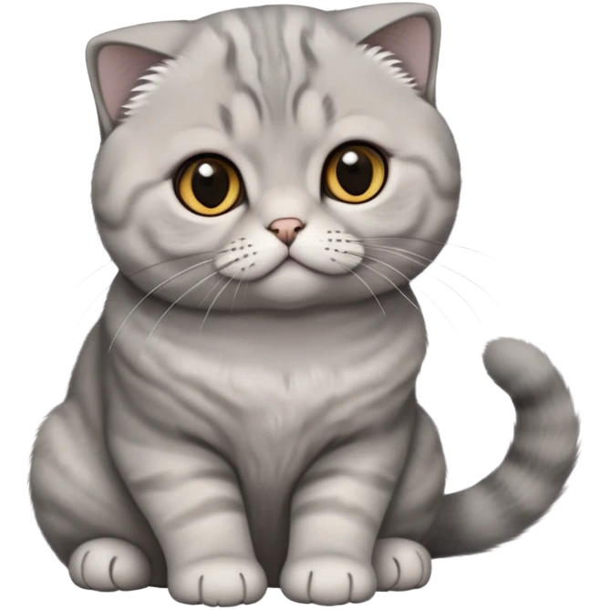 Cinematic-Scottish-Fold-Cat-Realistic-Full-Body-Sitting-Emoji – Tail curled playfully around its paws, head tilted dramatically, thick and plush solid-grey fur, signature folded ears resting gently against its round head, simplified yet realistic focused features, highly detailed, glowing with an almost sarcastic glow, deep amber eyes radiating quiet wisdom and charm. emoji