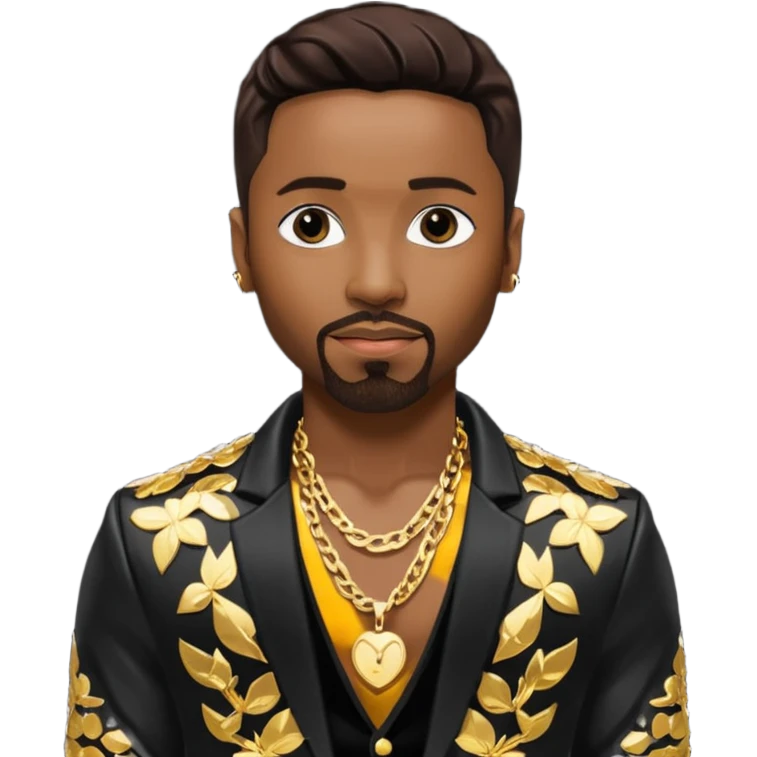 Teddy Riley with dark brown hair, black sequin jacket, shirtless with necklace  emoji