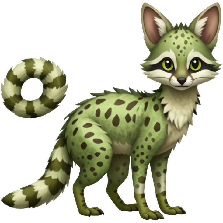 Feral Rare Fantasy   sage-green and moss-brown camouflage-speckled matte fur Vernid-Sergal-Genet-Trico-species by LiLaiRa, random markings, tufted tail, tufted ears, full body emoji