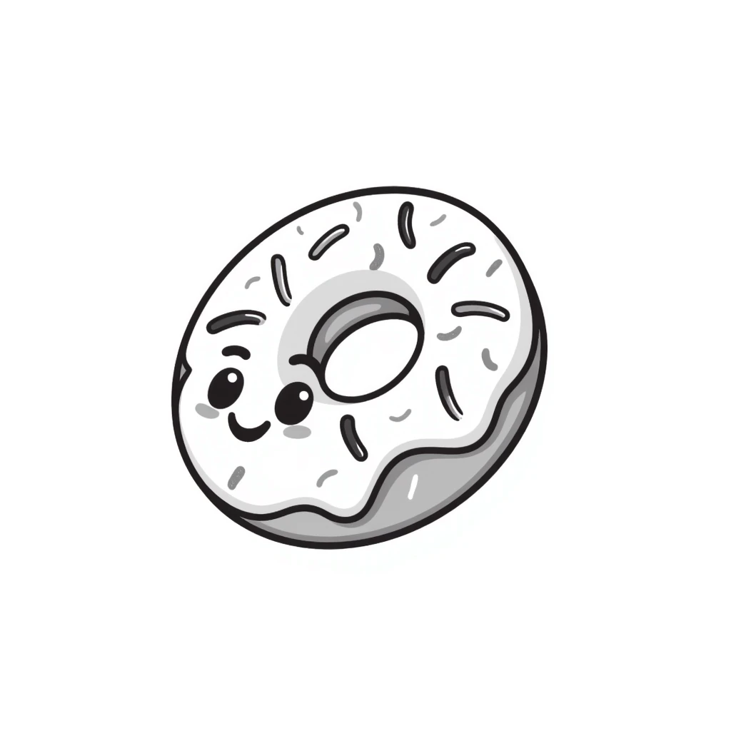 kawaii donut with rainbow sprinkles and happy face, floating in a dreamy cloud background, hand drawn doodle style emoji