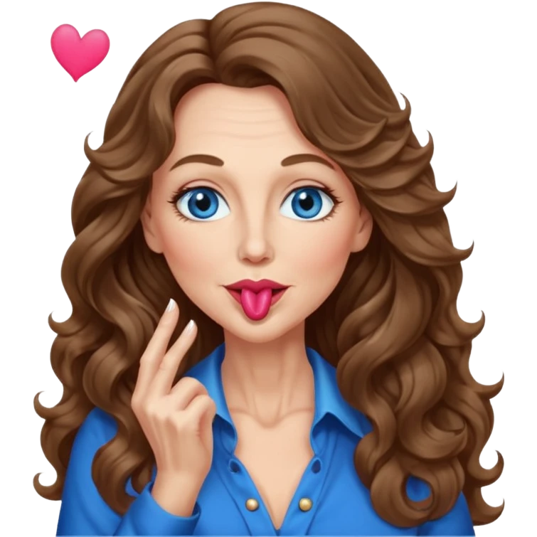 Extra Long wavy hair, brown hair, blue eyes Caucasian, age 50, sexy clothes boobies, blowing kiss emoji