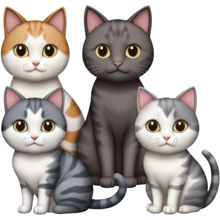 4 different coloured short haired cats including; a dark brown and white cat, and a dark grey and white  emoji