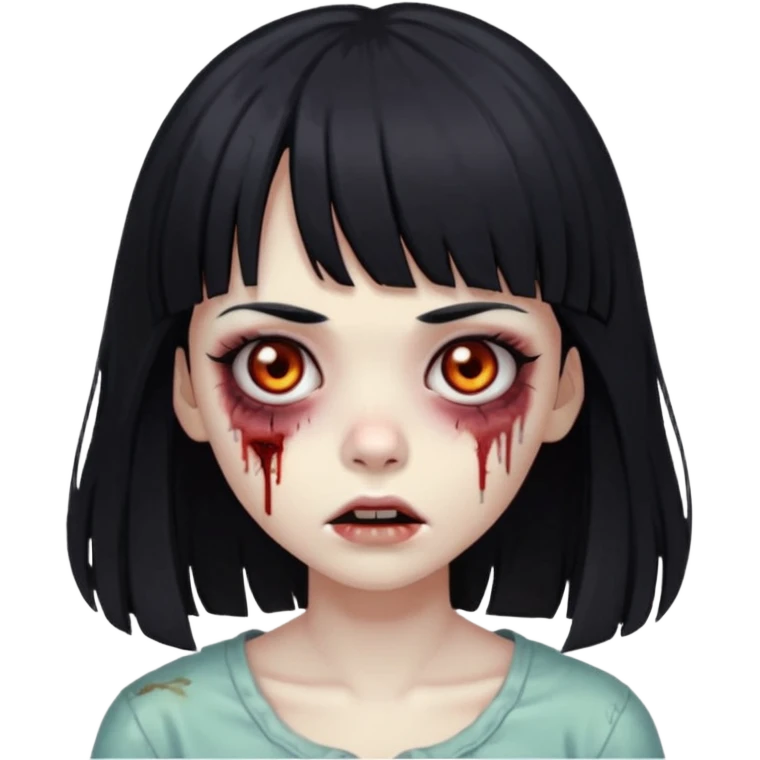 Zombie girl, black hair with bangs, slightly wavy,long hair,long eyelashes, black eyes,iOS style emoji